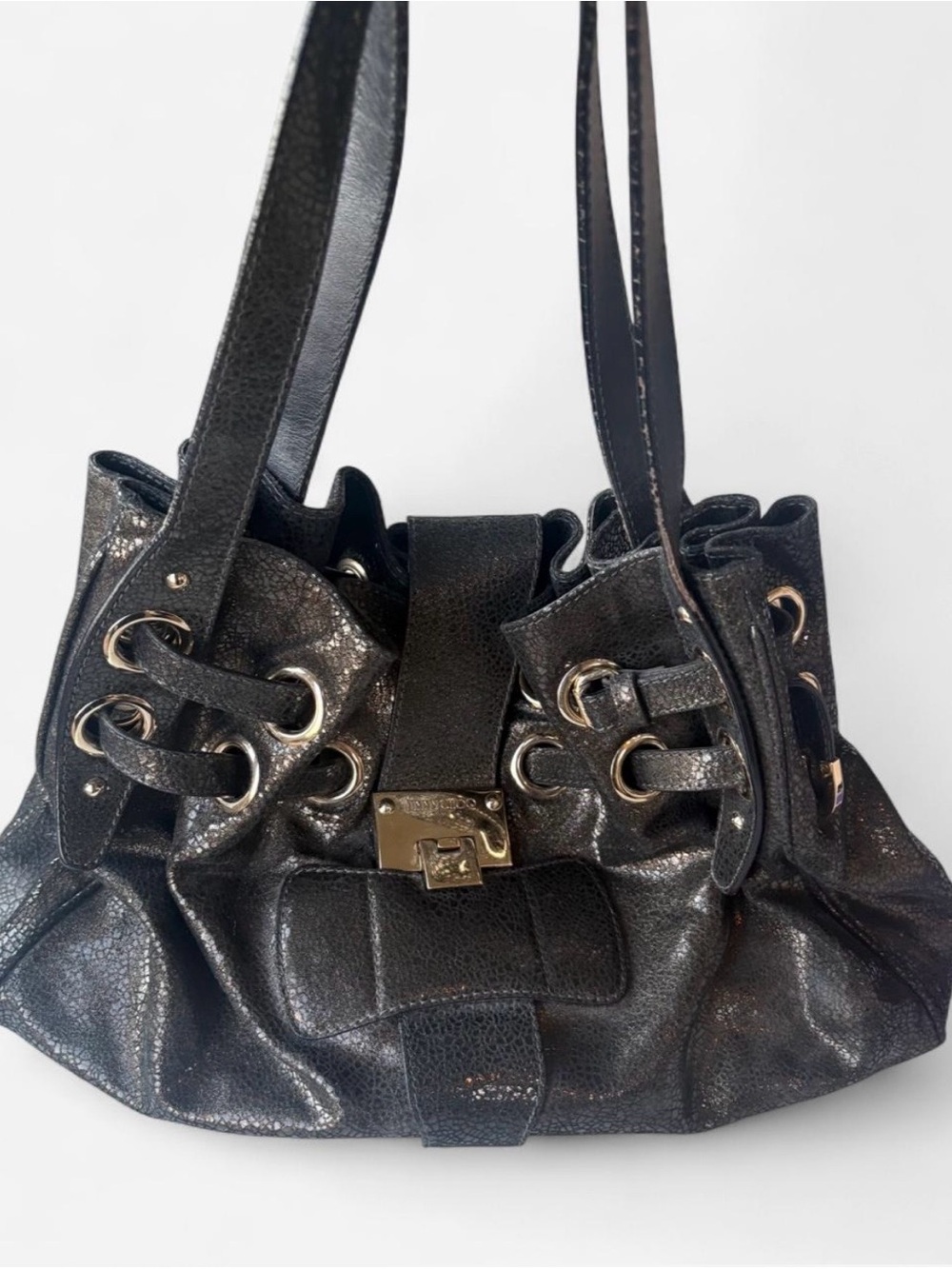 Jimmy Choo Black Metallic Drawstring Shoulder Bag with Gold Hardware